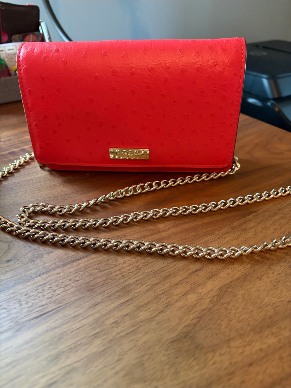 Pink/Coral Kate Spade Crossbody Ostrich Bag with Gold Chain Strap